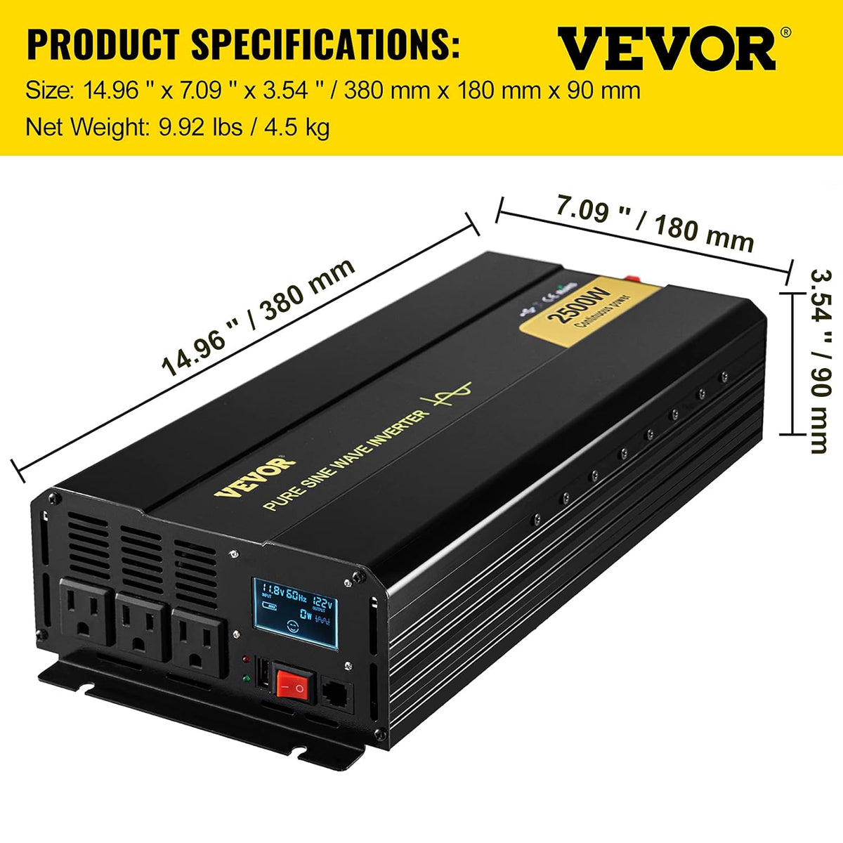 2500 Watt Pure Sine Wave Power Inverter, DC 12V to AC 120V, with USB Port and Remote Controller Q973