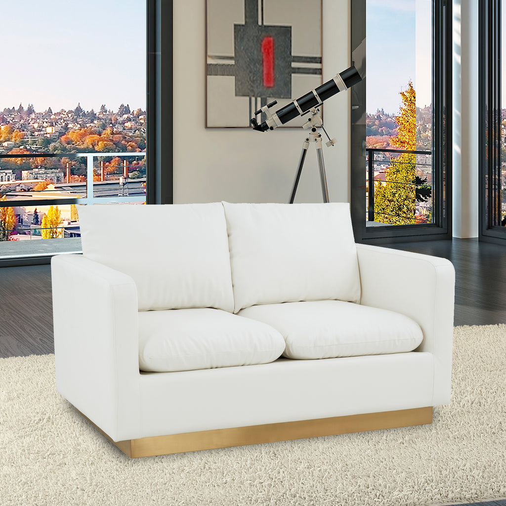Modern Mid-Century Upholstered Leather Loveseat with Gold Frame S9134