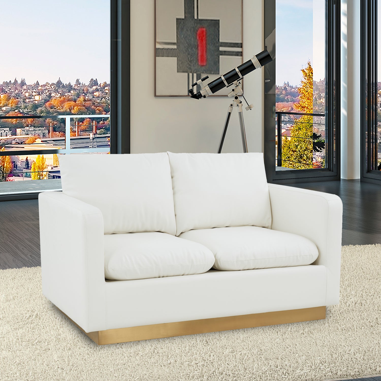 Modern Mid-Century Upholstered Leather Loveseat with Gold Frame S9134