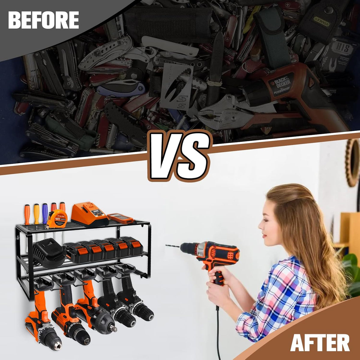 Wall Mounted Tool Storage Rack with Drill Holder, Pack of 2 C587175