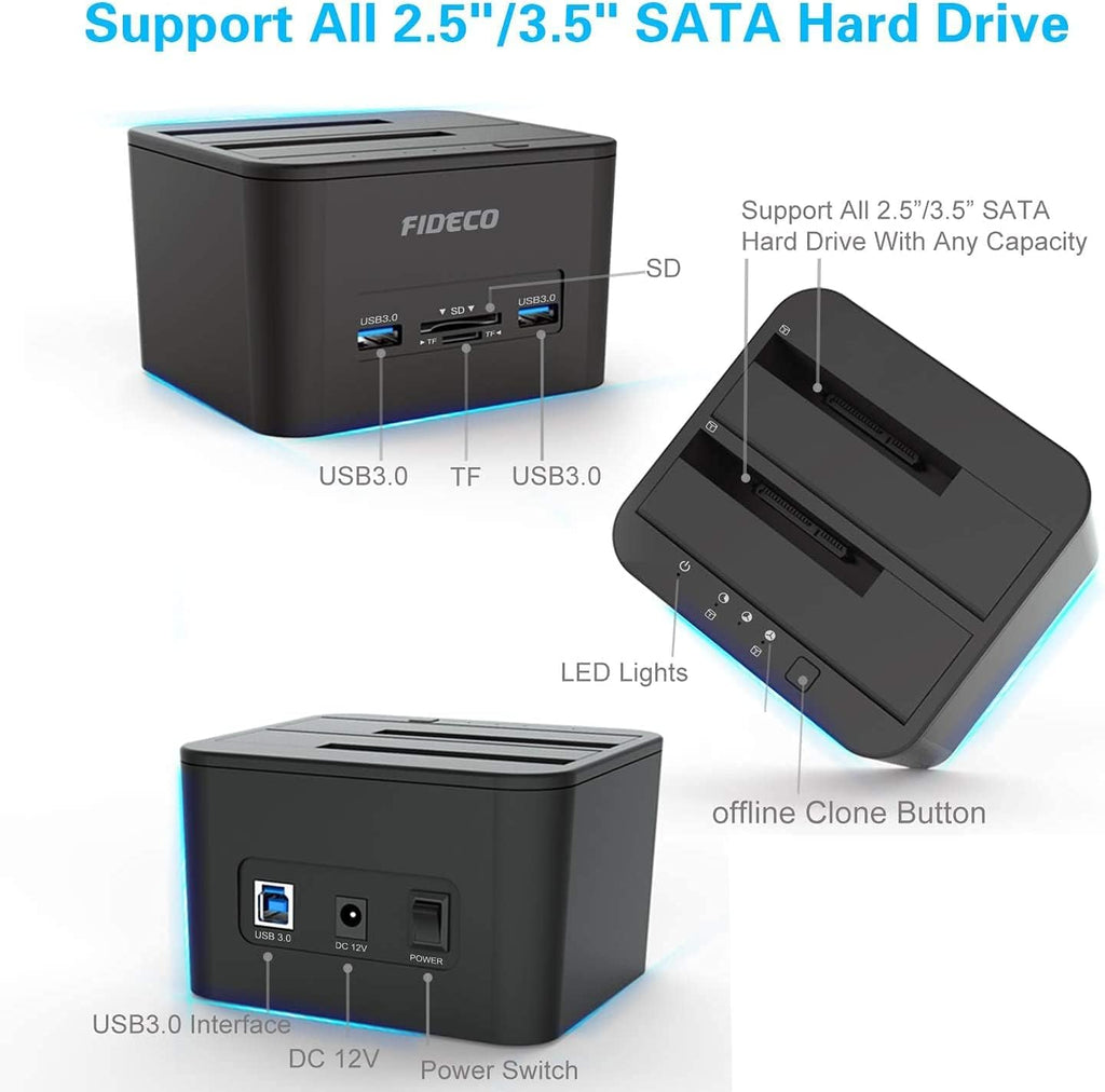 USB 3.0 to SATA Dual-Bay External HDD Dock with Offline Clone Function and TF & SD Card Slots, Pack of 2 J773931
