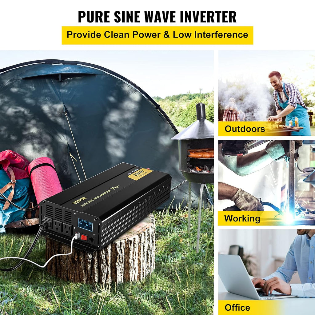 2500 Watt Pure Sine Wave Power Inverter, DC 12V to AC 120V, with USB Port and Remote Controller Q973