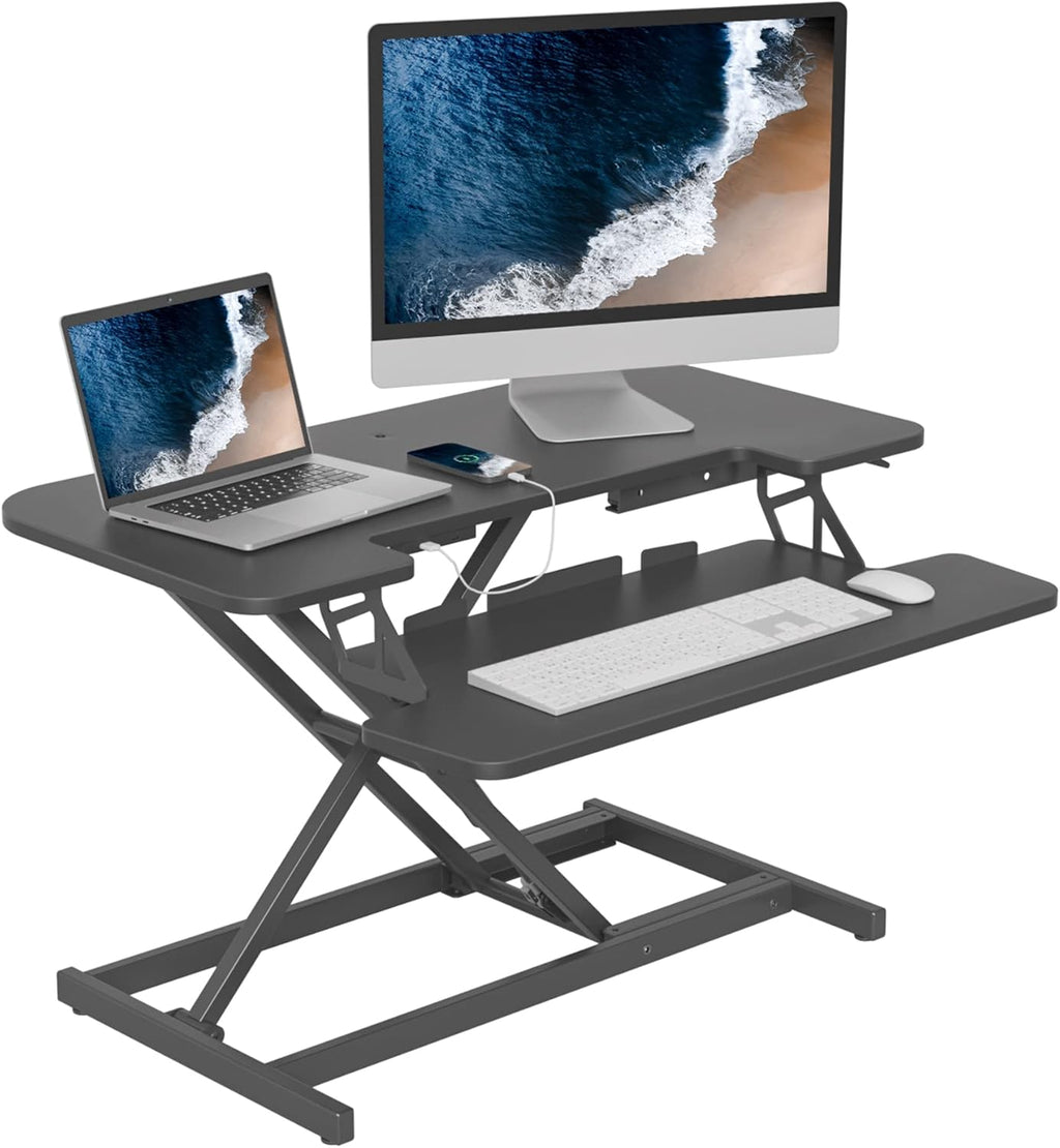 Rustic Brown Height Adjustable Standing Desk Converter with USB Charging Port W21163