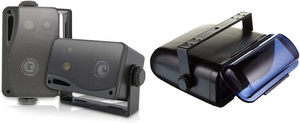 3-Way Mini Box Speaker System & Marine Stereo Cover with Flip-Up Door, Black Pack of 2 E2114