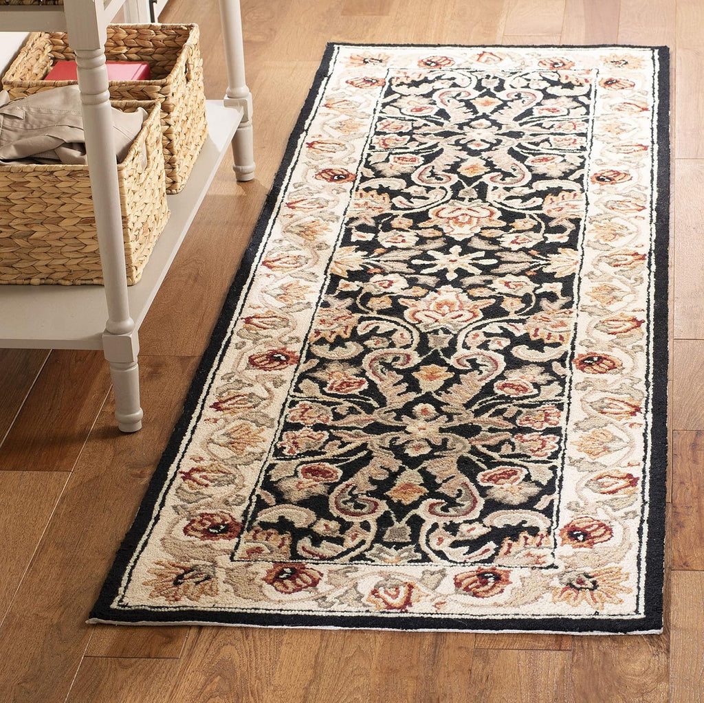 Hand-Hooked Oriental Runner, 3' x 6', Black / Ivory E4260