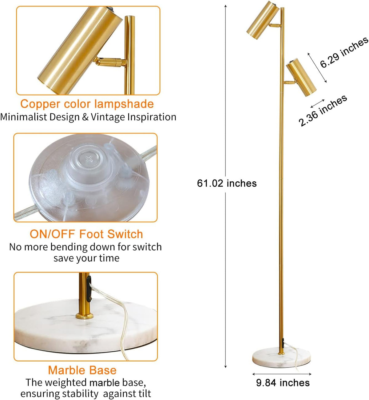 Double Head Floor Lamp with Foot Switch, Brass/Gold Finish P6530
