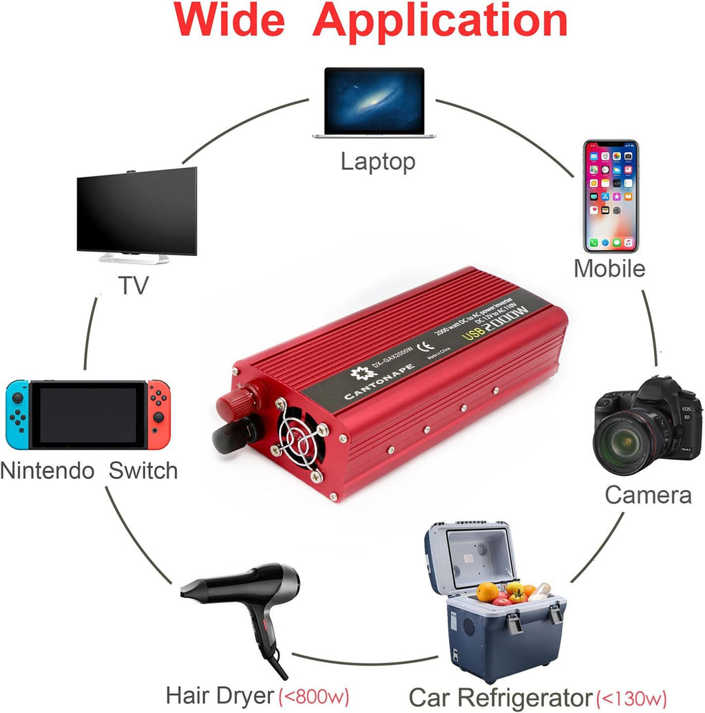 1000W/2000W Peak DC 12V to 110V AC Power Inverter with 3.1A USB Car Adapter and Cigarette Lighter, Pack of 2 T1300