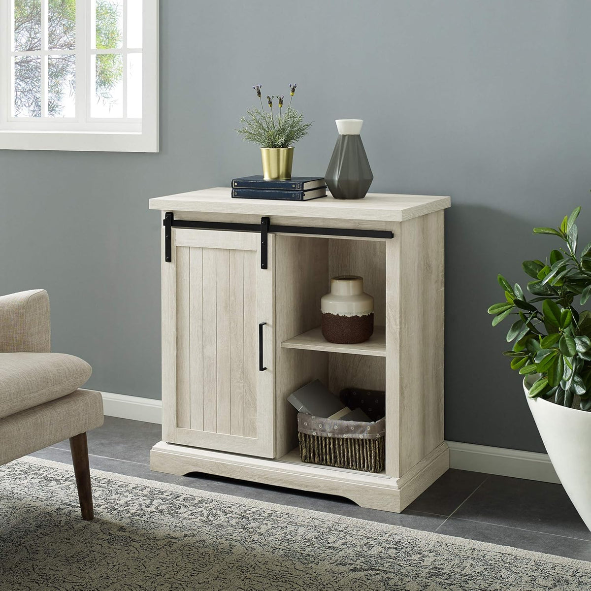 White Oak Sliding Slat Door Storage Cabinet A9558