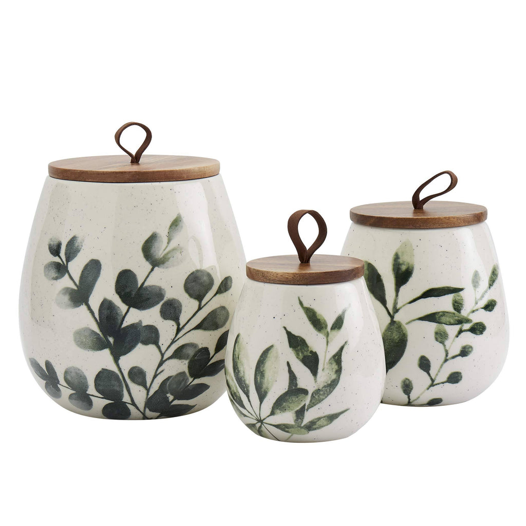 3PC Green Leaf Canisters with Acacia Wood Lid L955397