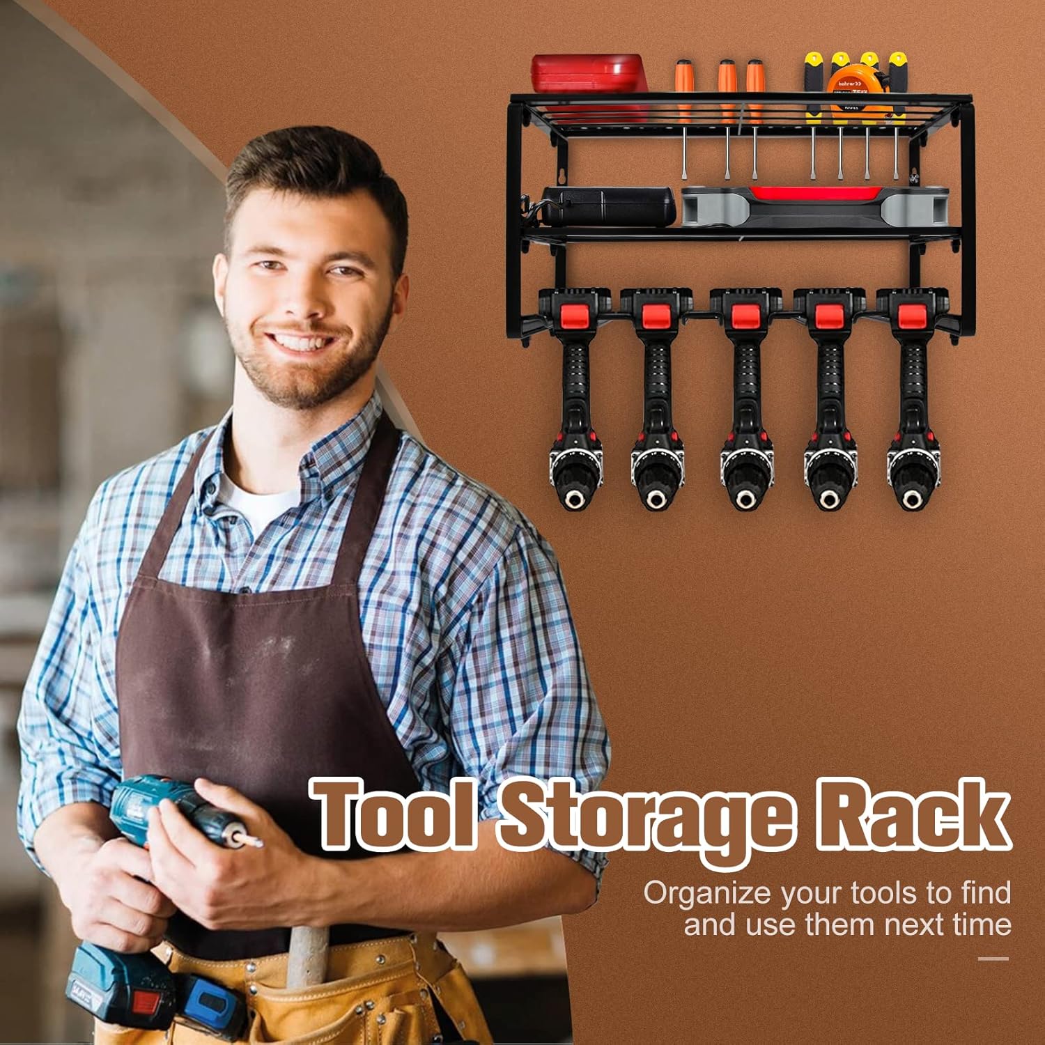 Wall Mounted Tool Storage Rack with Drill Holder, Pack of 2 C587175