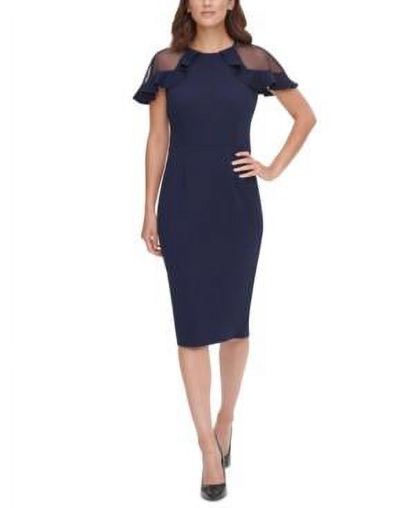 Navy Blue Sheer Ruffle Cocktail Dress Size 12 C40606