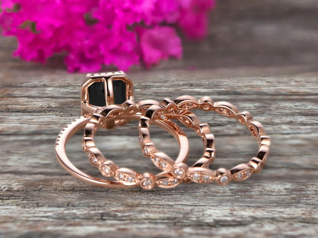 Emerald Cut Black Diamond Moissanite Wedding Set Engagement Ring 14k Rose Gold X61087