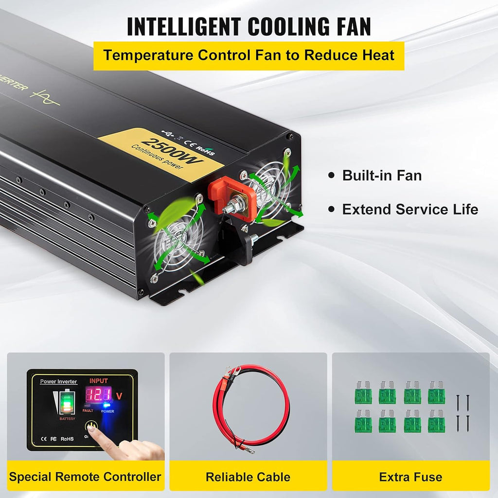 2500 Watt Pure Sine Wave Power Inverter, DC 12V to AC 120V, with USB Port and Remote Controller Q973