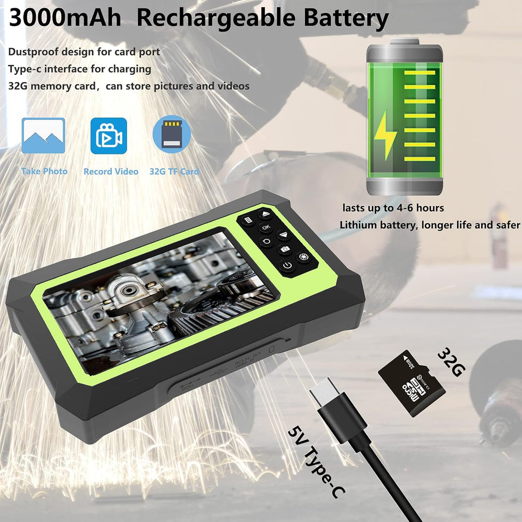 Dual Lens Video Endoscope Camera with Lights, 1080P Borescope Inspection Camera, 8 mm IP67 Waterproof, 16.5FT Semi-Rigid Cable, 32GB Card F563414