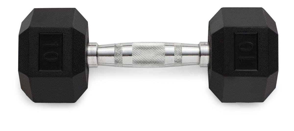 Rubber Hex Dumbbell, 90 lbs with Chrome Handle and Knurled Grip J257