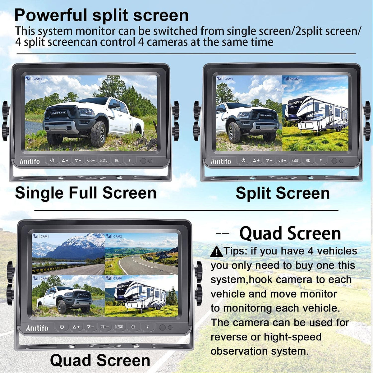Wireless 4 Rear View Cameras with 7" Monitor for RVs E44569
