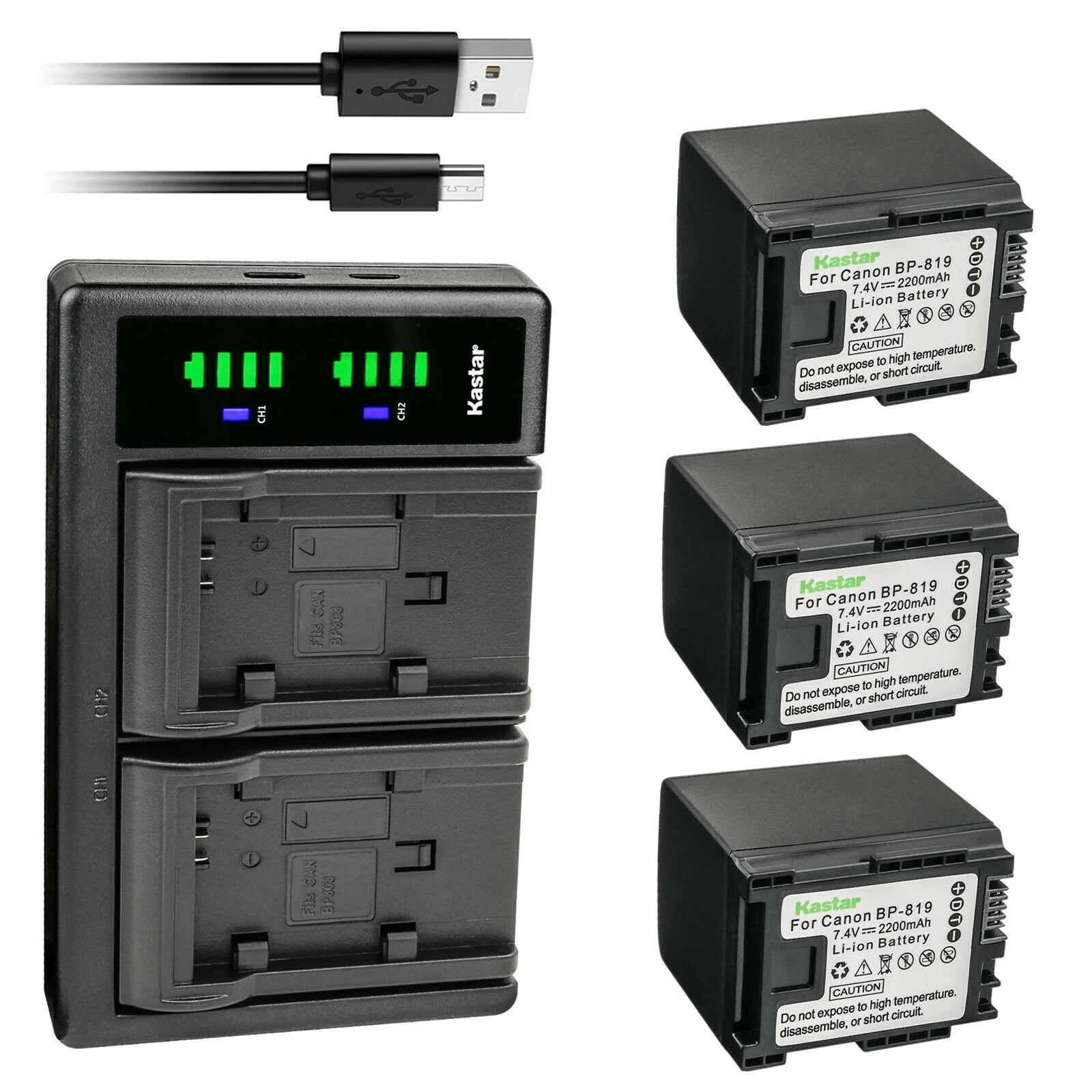 3-Pack Battery and USB Charger for Canon Flash Memory Camcorder Z232841