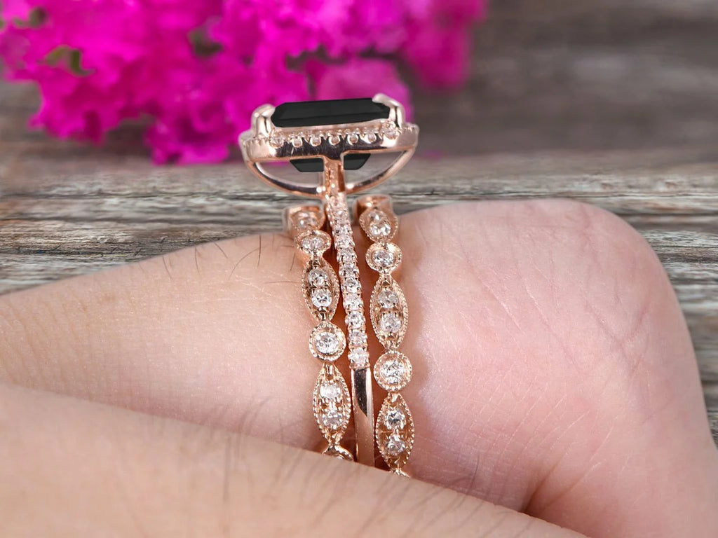 Emerald Cut Black Diamond Moissanite Wedding Set Engagement Ring 14k Rose Gold X61087