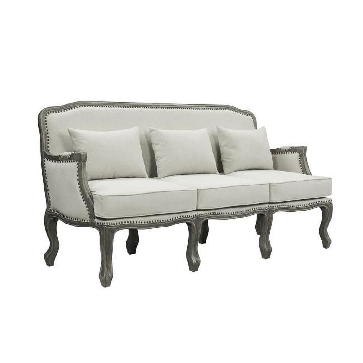 Cream Linen & Brown Sofa with 3 Pillows W9006