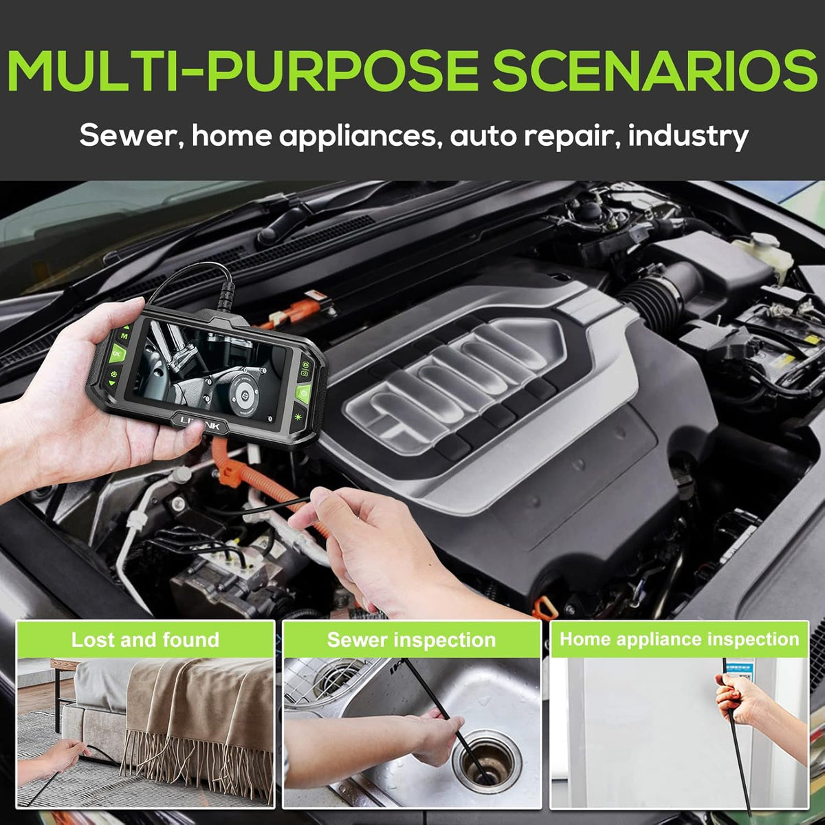 Triple Lens Waterproof Inspection Camera with 4.3 Inch Screen 1080P 32G Card (16.5ft) E639
