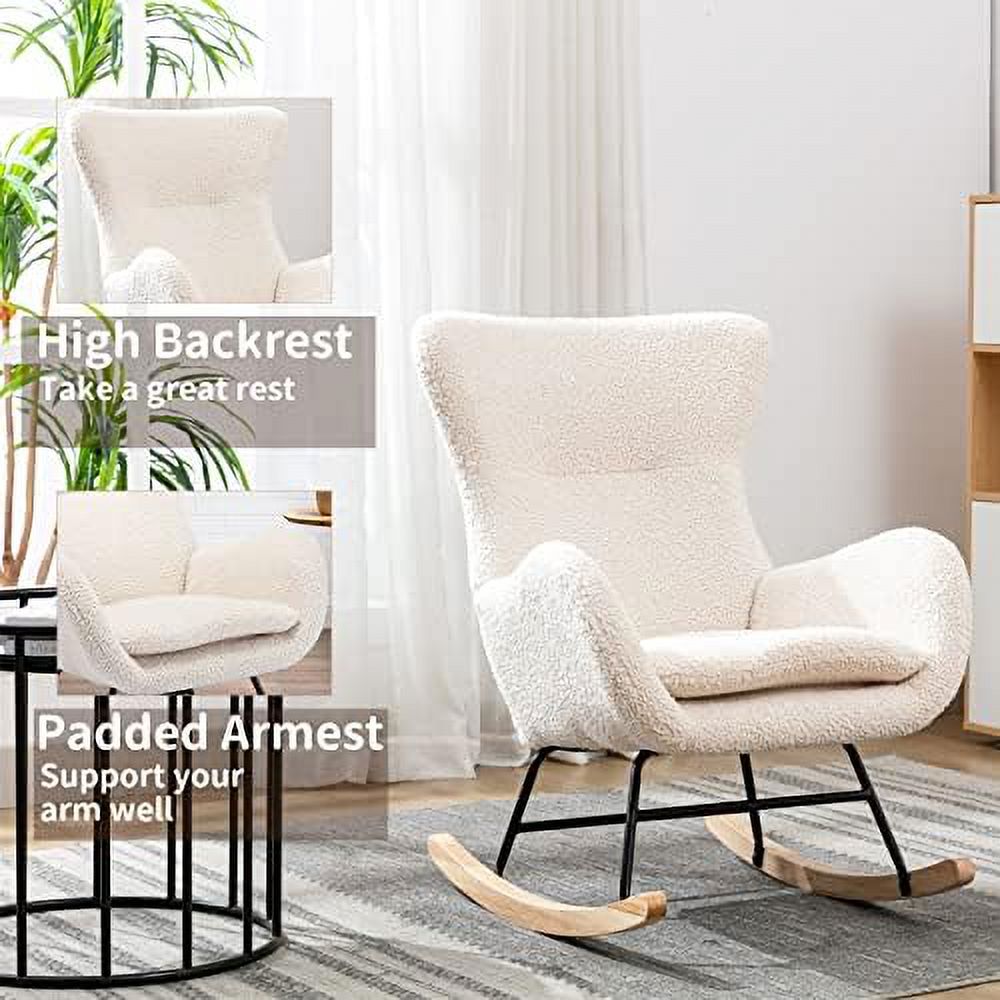 White Velvet Upholstered Glider Rocker Accent Chair with Side Pocket W546098