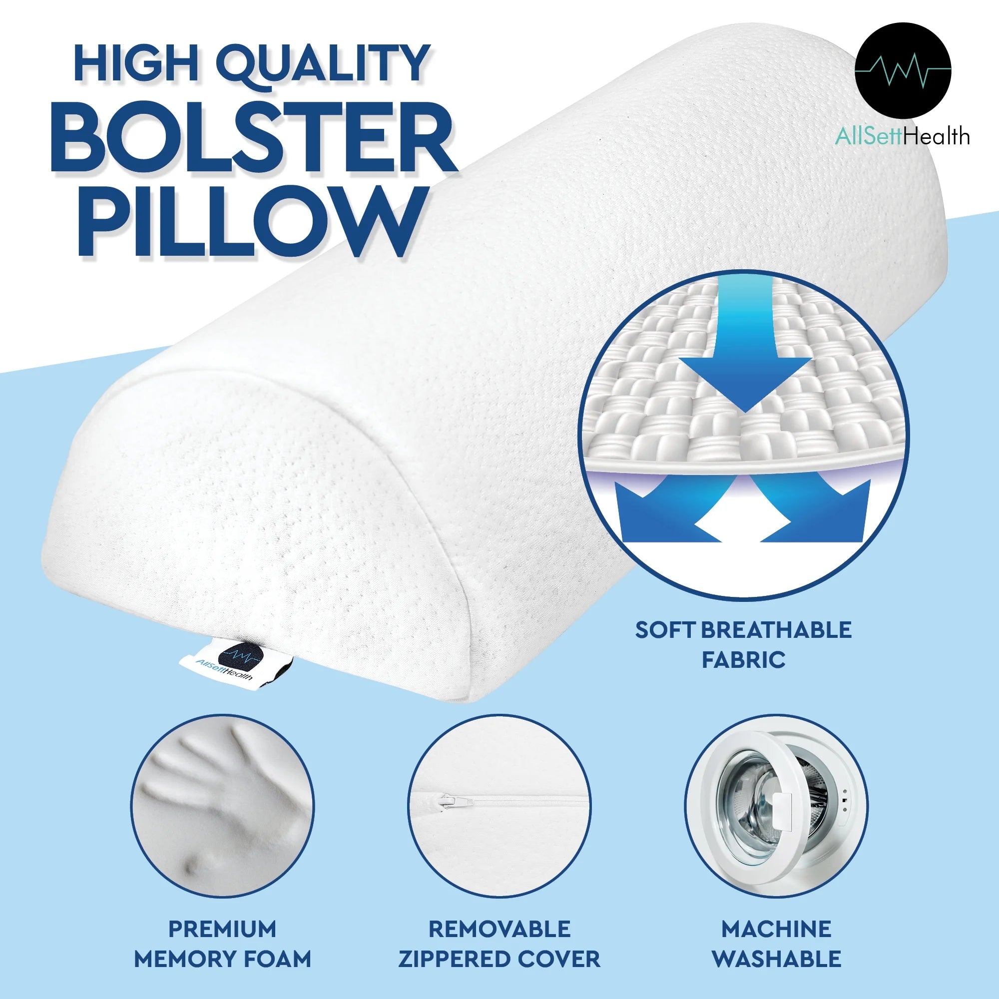 2 Pack XXL Half Moon Bolster Pillow with White Cotton Machine Washable Cover, Premium Memory Foam, 20.5" x 8" x 4.5" H654591