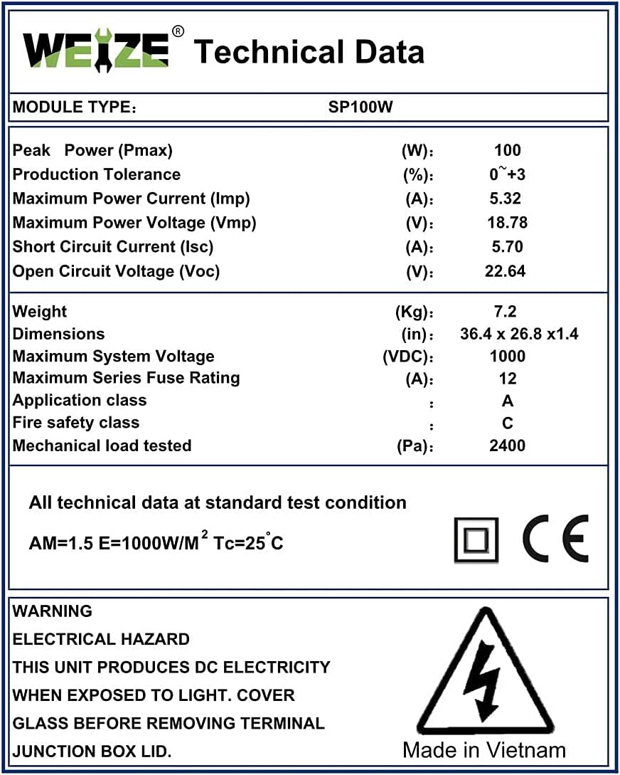 200 Watt 12 Volt Monocrystalline Solar Panel, 2 Pack of 12V 100W PV Module O605917