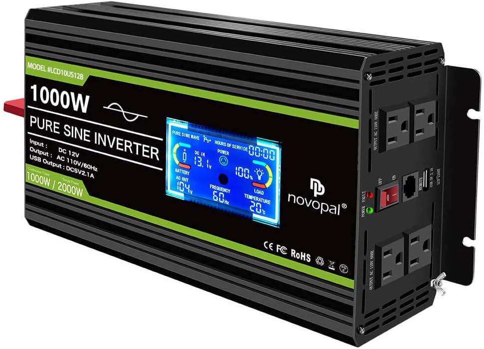1000 Watt 12V DC to 110V AC Pure Sine Wave Power Inverter with 4 AC Outlets and 1 USB Port B1803