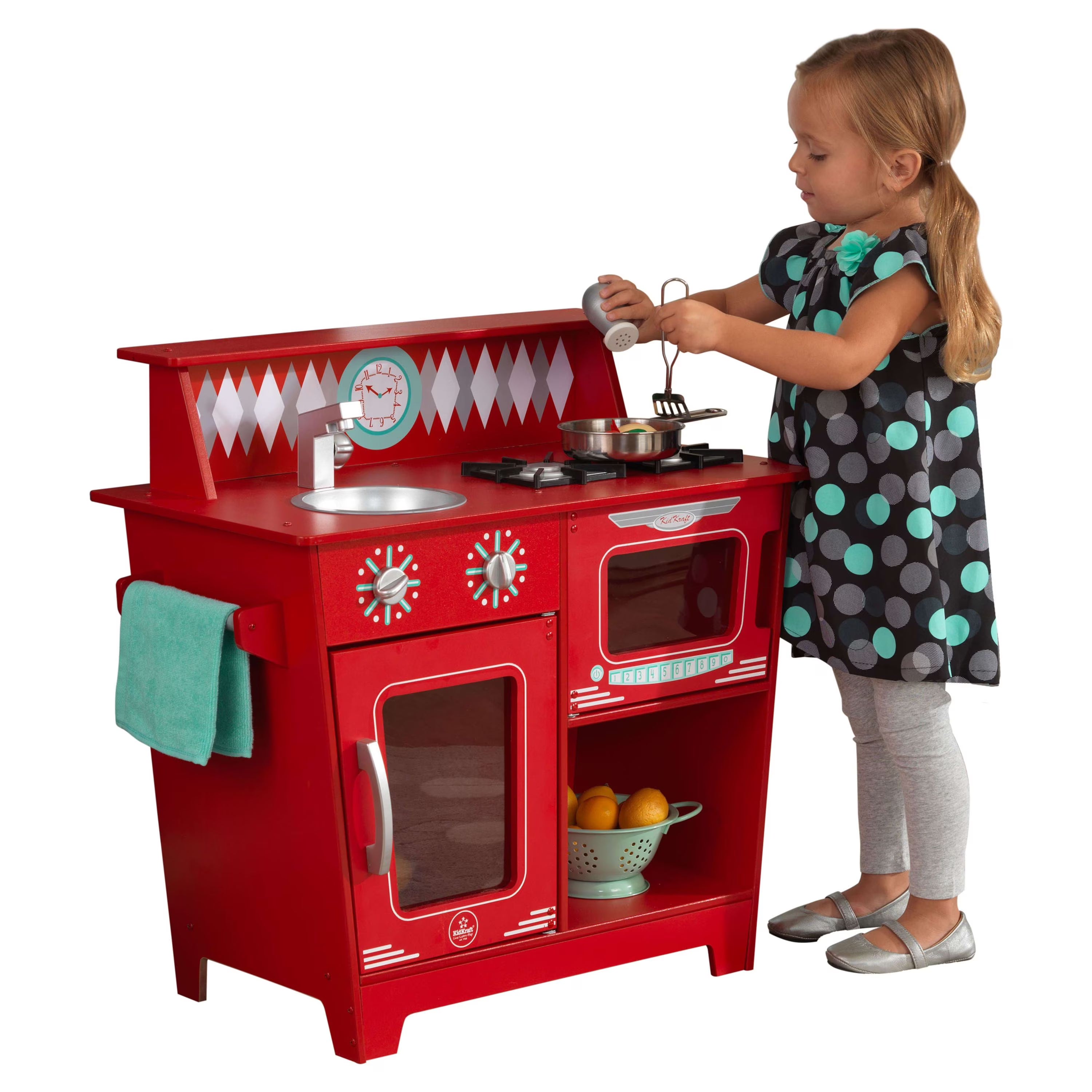 Red Wooden Pretend Play Cooking Kitchenette Toy Set W448792