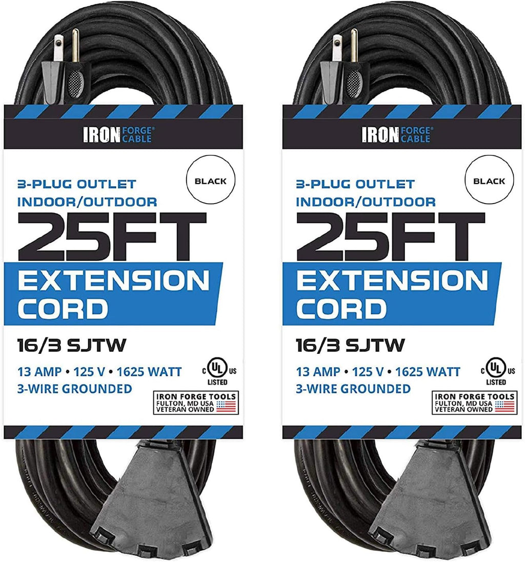 2 Pack 25 Ft Outdoor Extension Cords with 3 Electrical Power Outlets, 16/3 SJTW Black Cable with 3 Prong Grounded Plug L523546