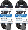 2 Pack 25 Ft Outdoor Extension Cords with 3 Electrical Power Outlets, 16/3 SJTW Black Cable with 3 Prong Grounded Plug L523546
