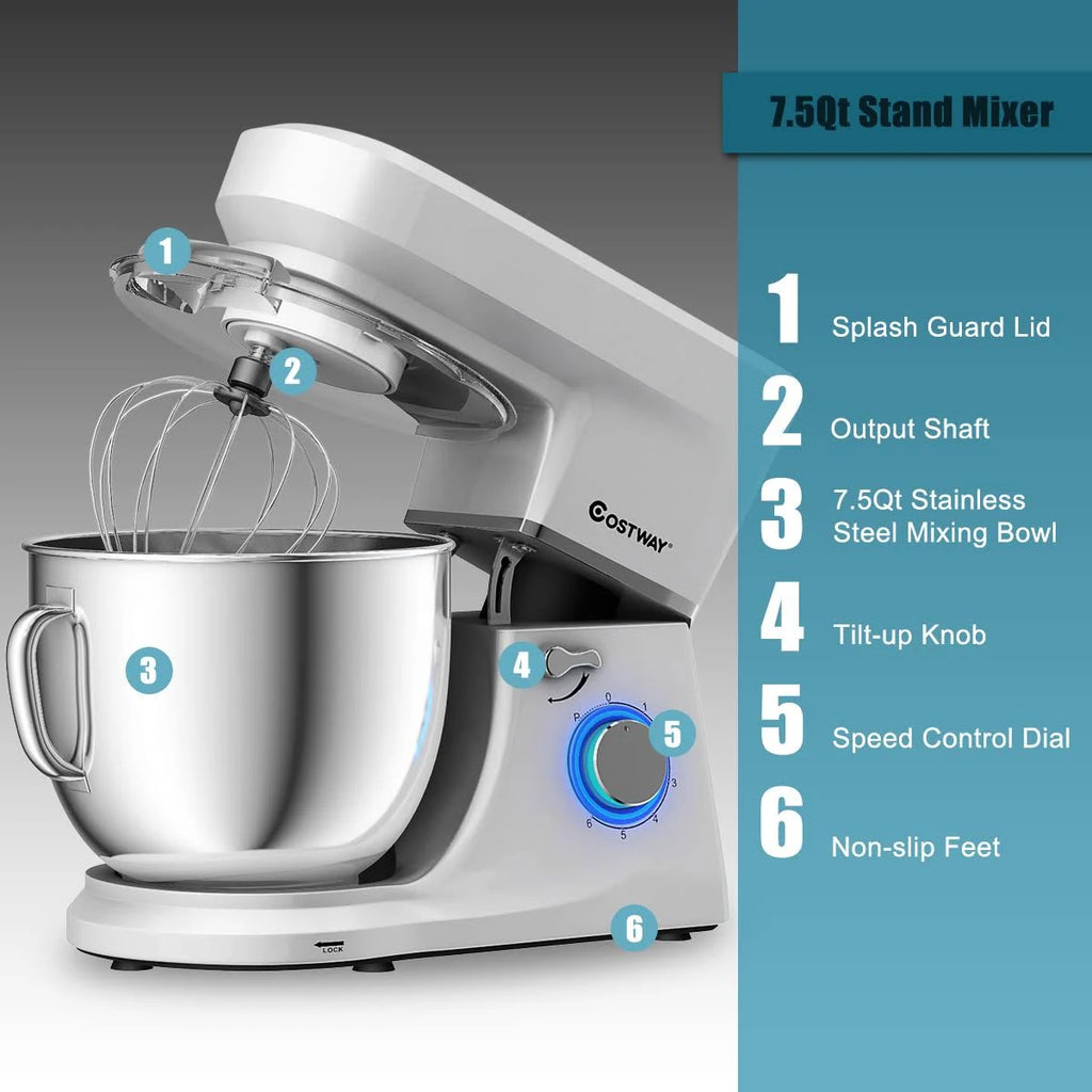Tilt-Head Stand Mixer 7.5 qt 6 Speed 660W with Dough Hook, Whisk & Beater W863578