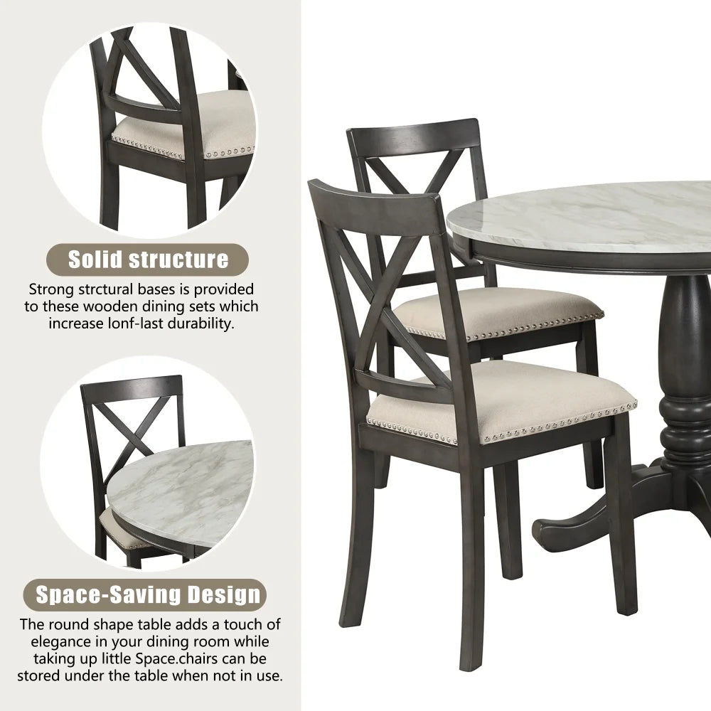 5-Piece Solid Wood Round Dining Table and Chairs Set U3898