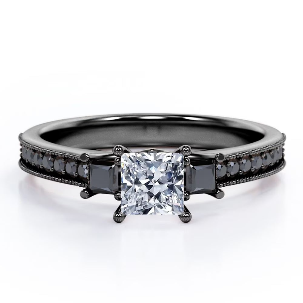0.5 TCW Princess Cut Moissanite Engagement Ring with Lab Created Black Diamond C2918