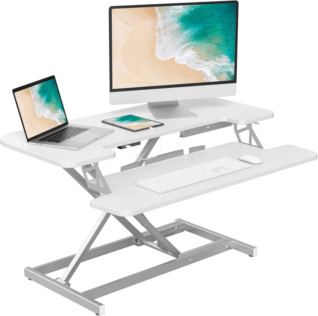 Rustic Brown Height Adjustable Standing Desk Converter with USB Charging Port W21163