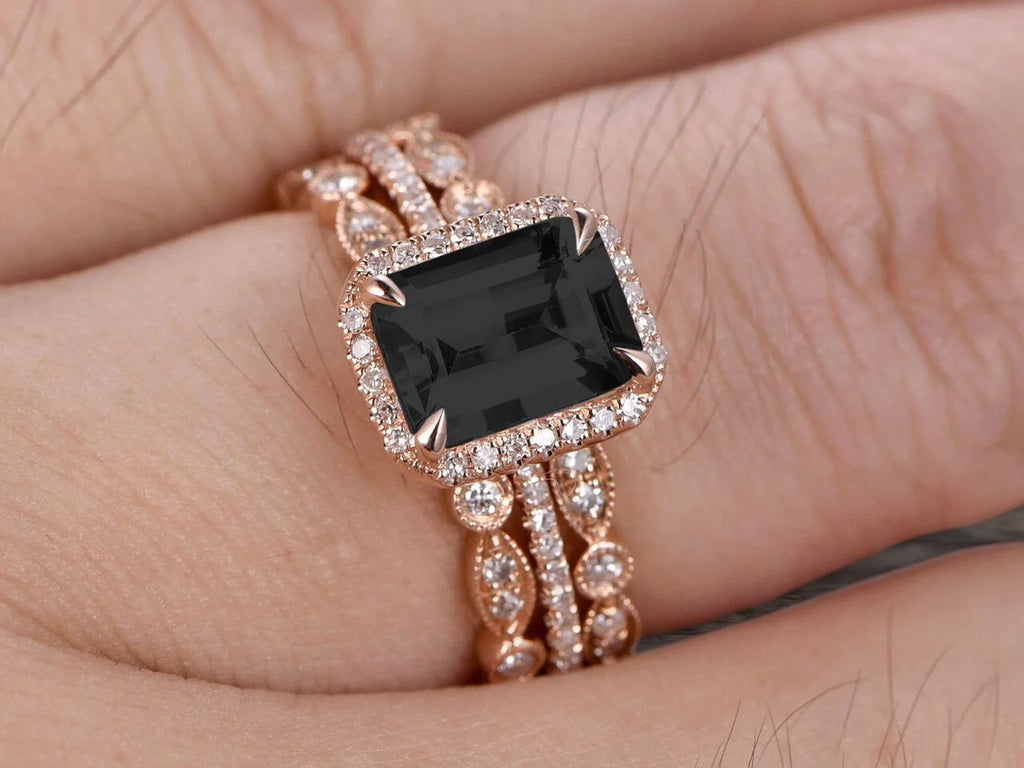 Emerald Cut Black Diamond Moissanite Wedding Set Engagement Ring 14k Rose Gold X61087