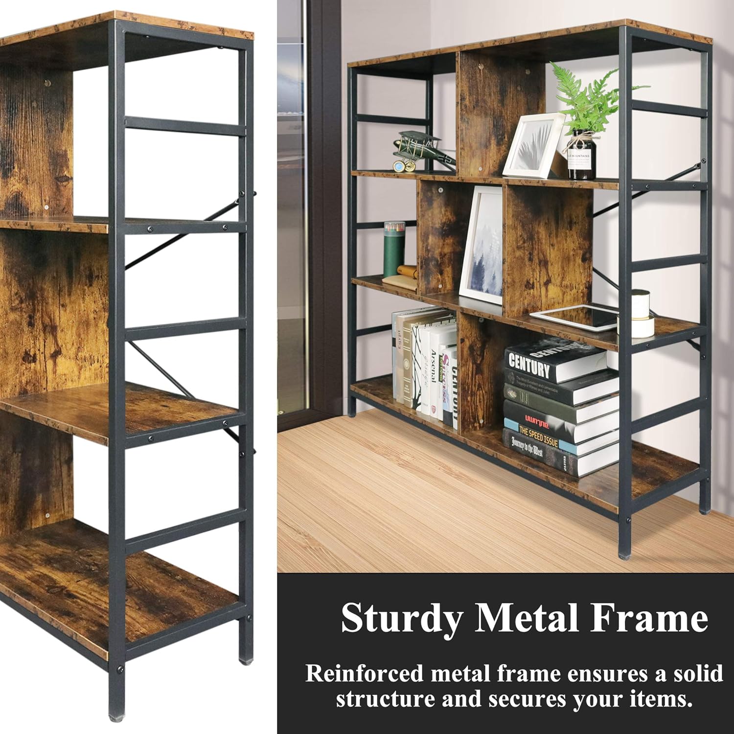 Rustic Brown 3-Tier Bookcase with Open Storage Shelves Y4399