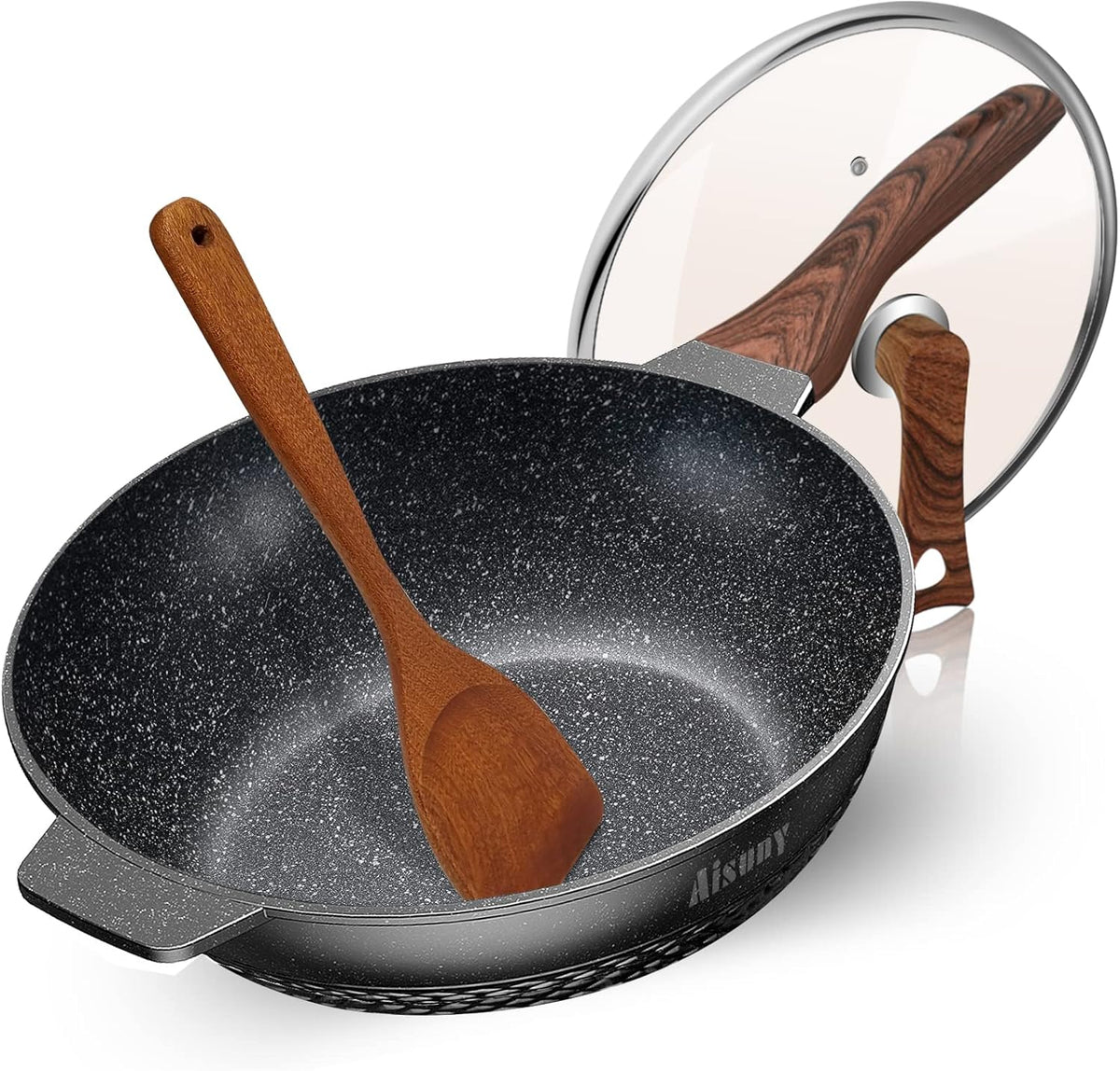 Nonstick Frying Pan with Lid and Wok Spatula, 12.5 Inch Cast Aluminum Skillet J94537
