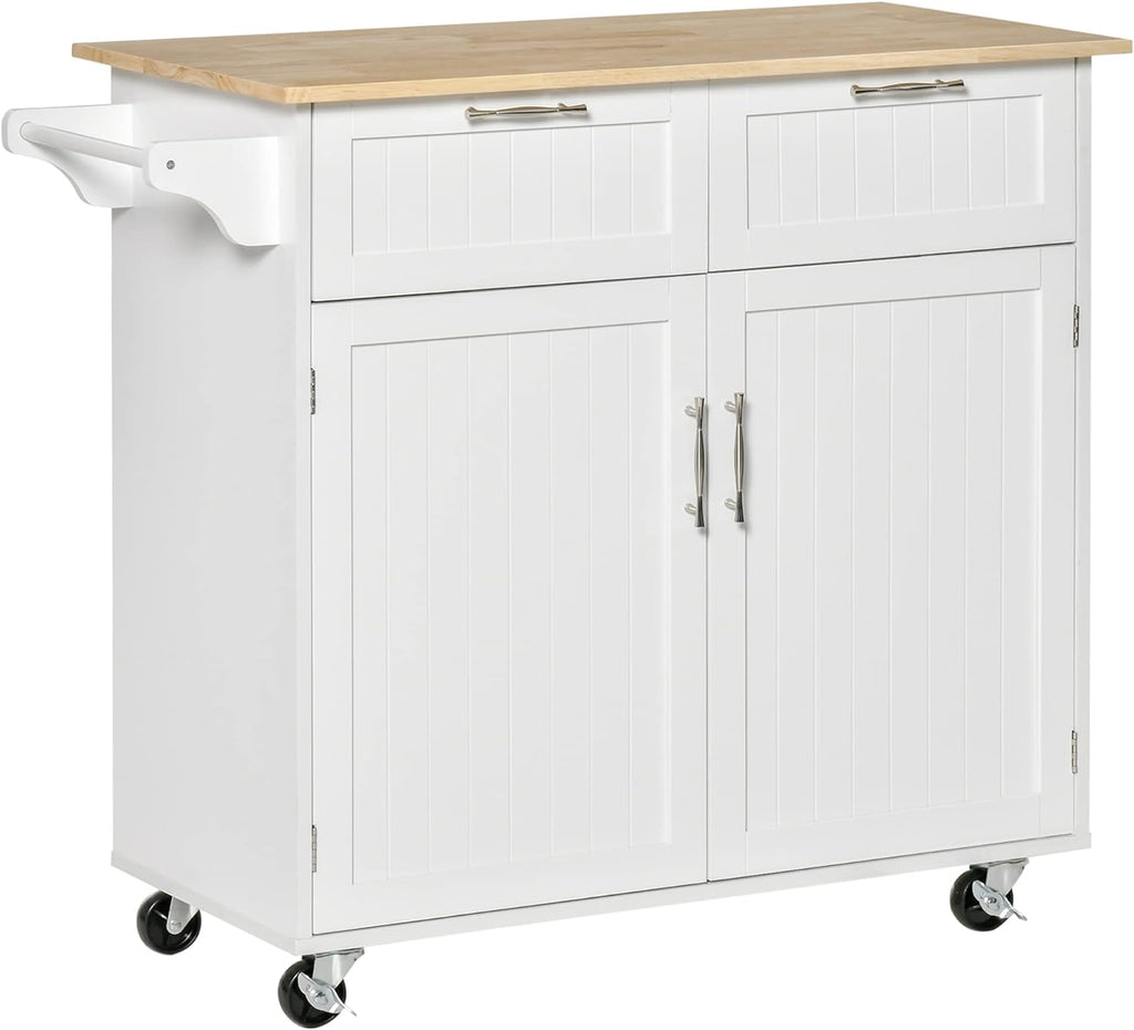 White Rolling Kitchen Island with Rubberwood Top and Drawers O67918