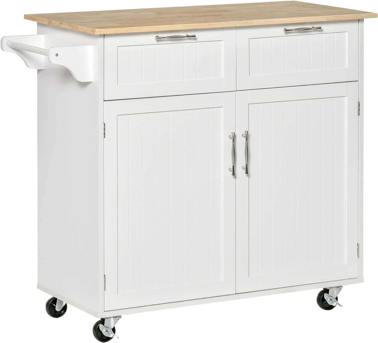 White Rolling Kitchen Island with Rubberwood Top and Drawers O67918