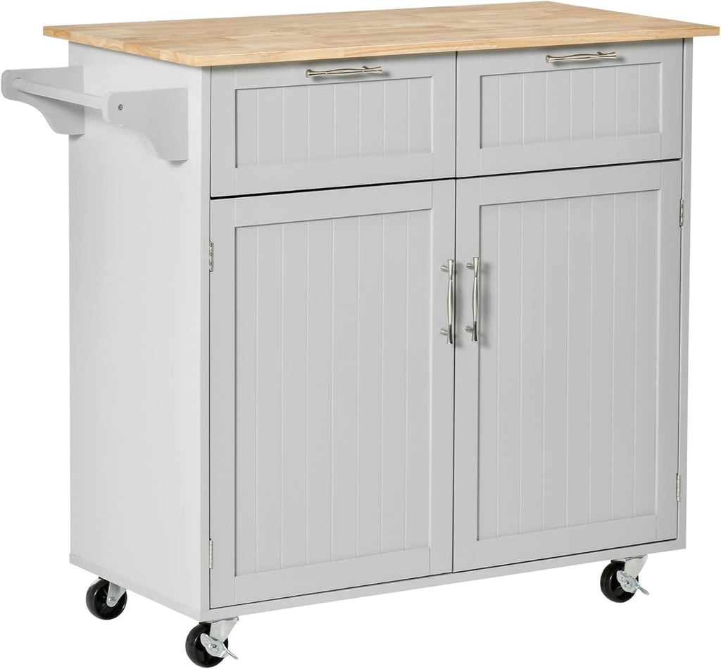 White Rolling Kitchen Island with Rubberwood Top and Drawers O67918