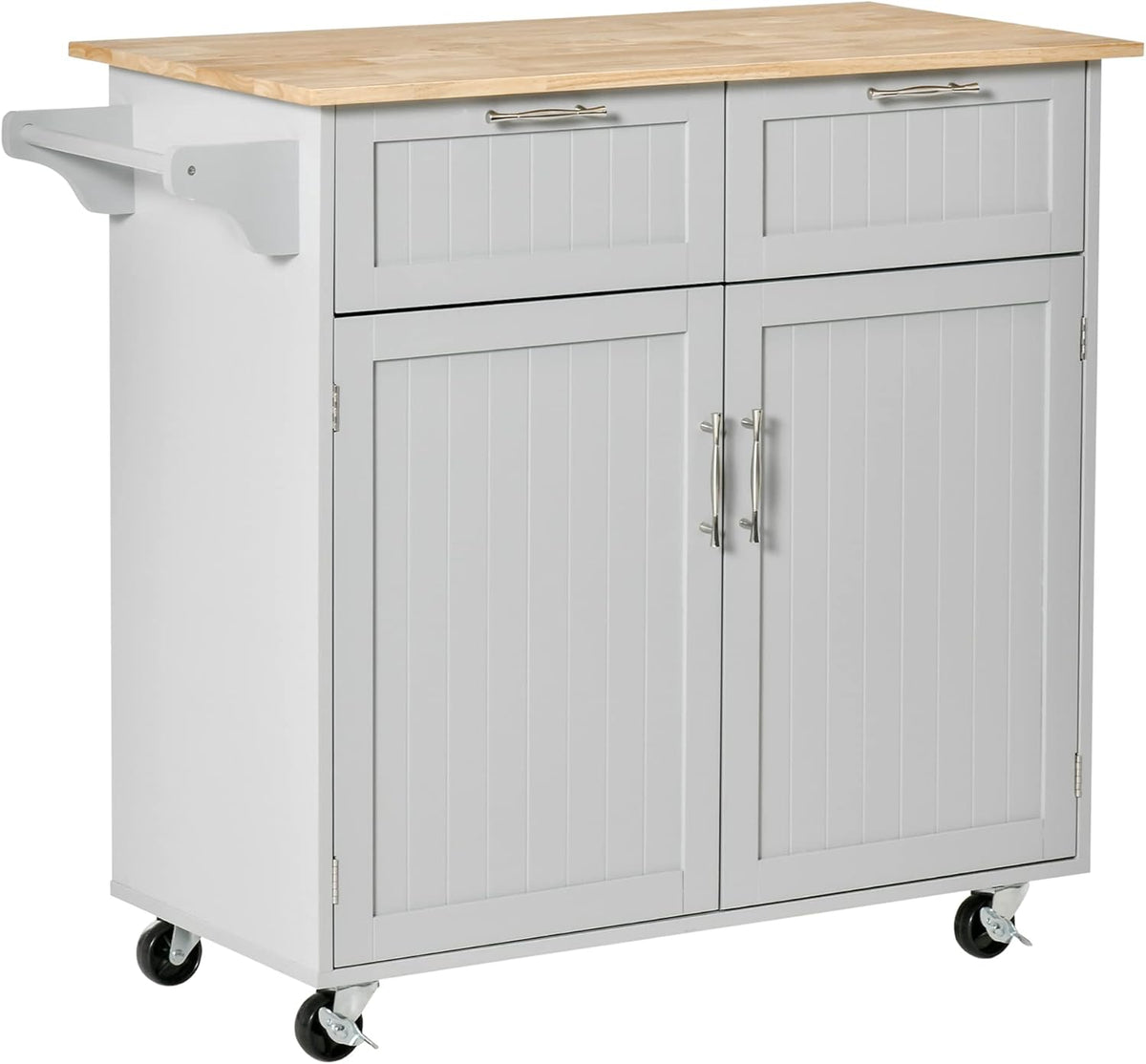 White Rolling Kitchen Island with Rubberwood Top and Drawers O67918