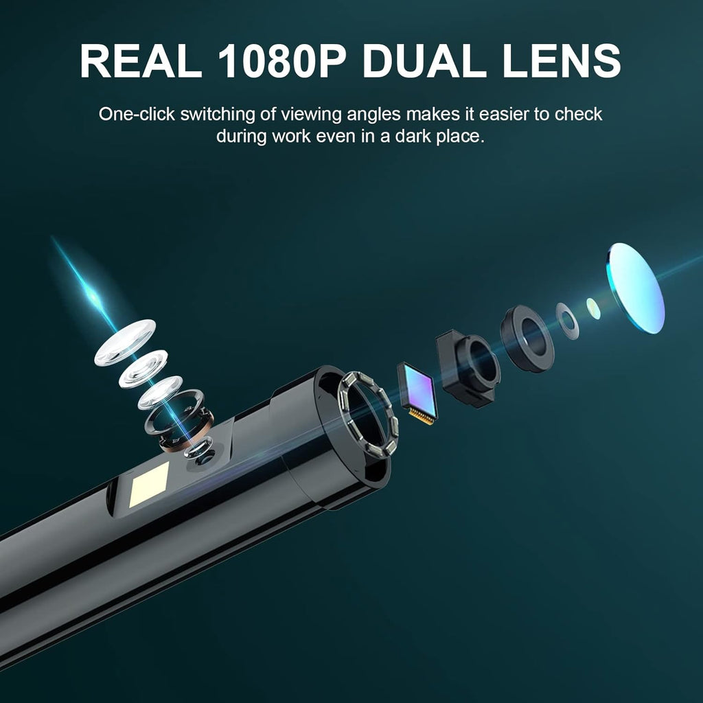 Dual Lens Video Endoscope Camera with Lights, 1080P Borescope Inspection Camera, 8 mm IP67 Waterproof, 16.5FT Semi-Rigid Cable, 32GB Card F563414