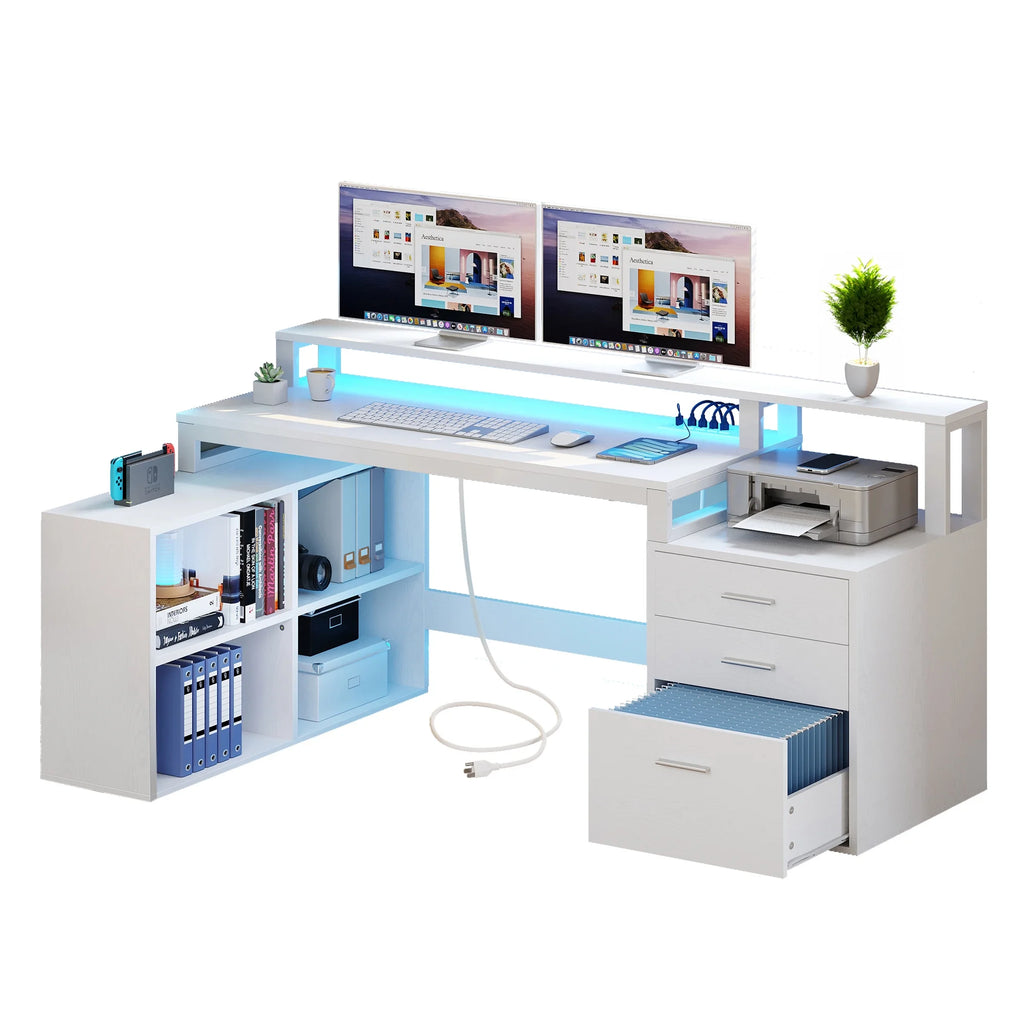 White L Shaped Desk with Power Outlets and Monitor Stand, 3 Drawers, 4 Open Storage Shelves G211