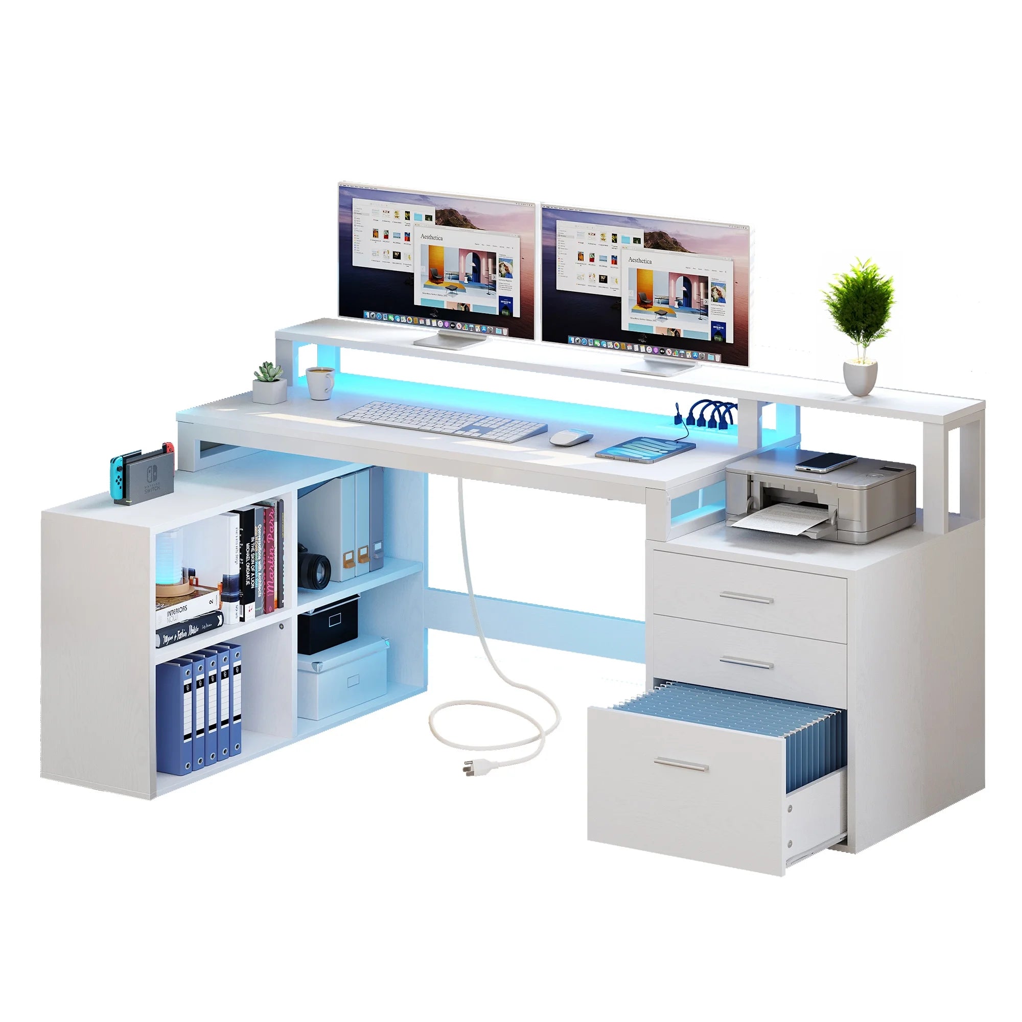 White L Shaped Desk with Power Outlets and Monitor Stand, 3 Drawers, 4 Open Storage Shelves G211