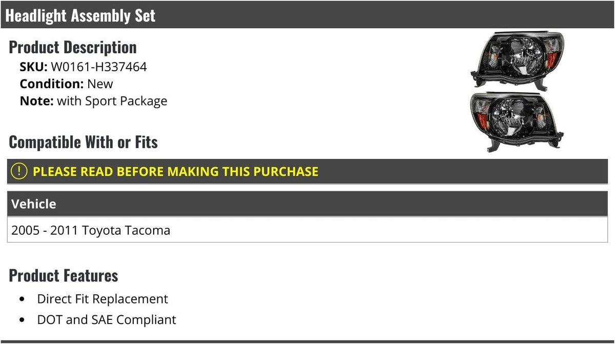 Headlight Assembly Set Compatible with 2005-2011 Toyota Tacoma V248414