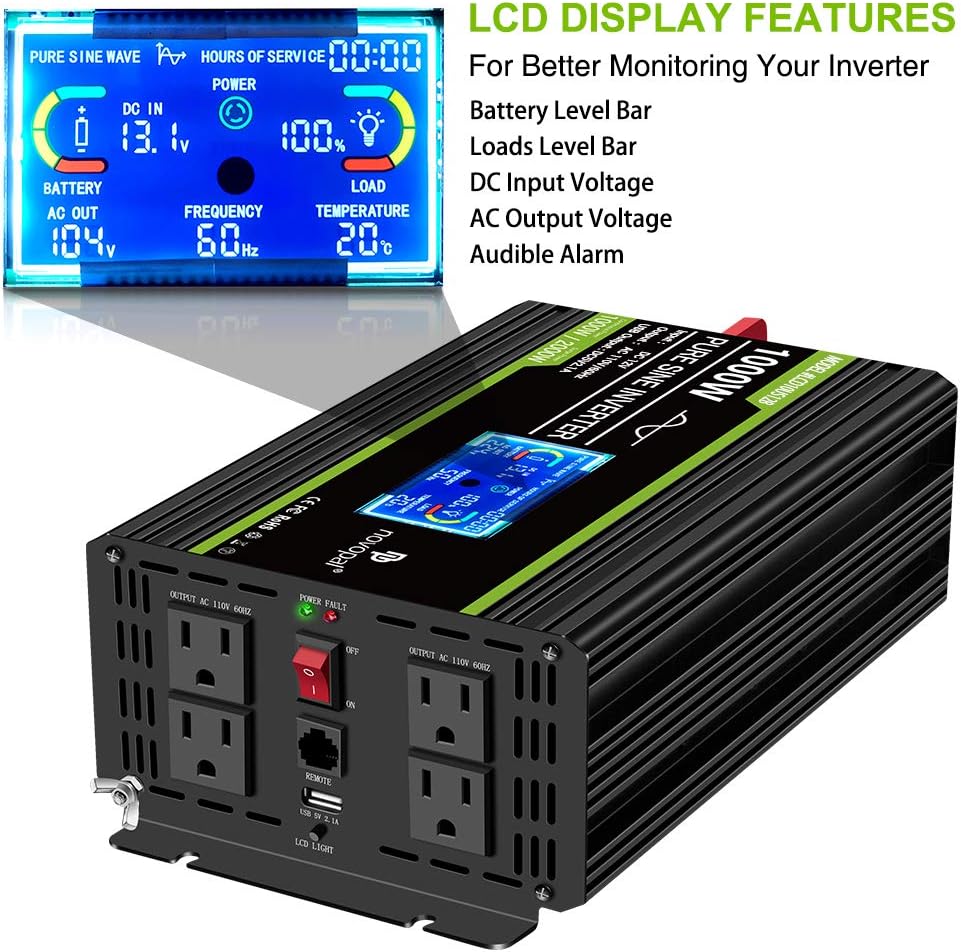 1000 Watt 12V DC to 110V AC Pure Sine Wave Power Inverter with 4 AC Outlets and 1 USB Port B1803