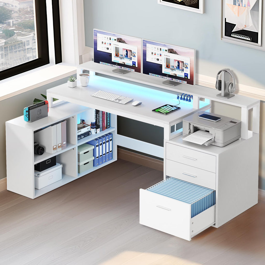White L Shaped Desk with Power Outlets and Monitor Stand, 3 Drawers, 4 Open Storage Shelves G211