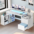 White L Shaped Desk with Power Outlets and Monitor Stand, 3 Drawers, 4 Open Storage Shelves G211