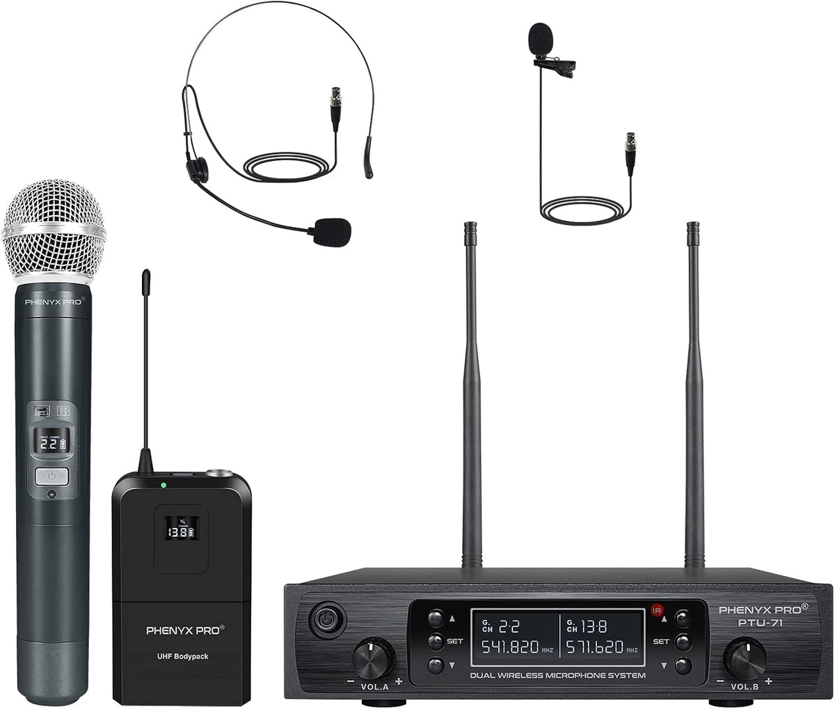 Dual Channel Wireless Microphone System with Handheld Bodypack Headset Lapel W93277
